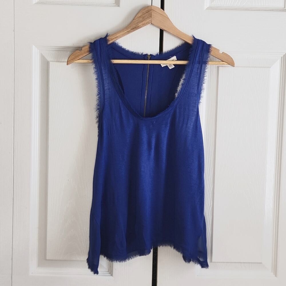 Silence + Noise Women's Blue Tank Top Size XS Racerback Zipper Eyelash Fringe